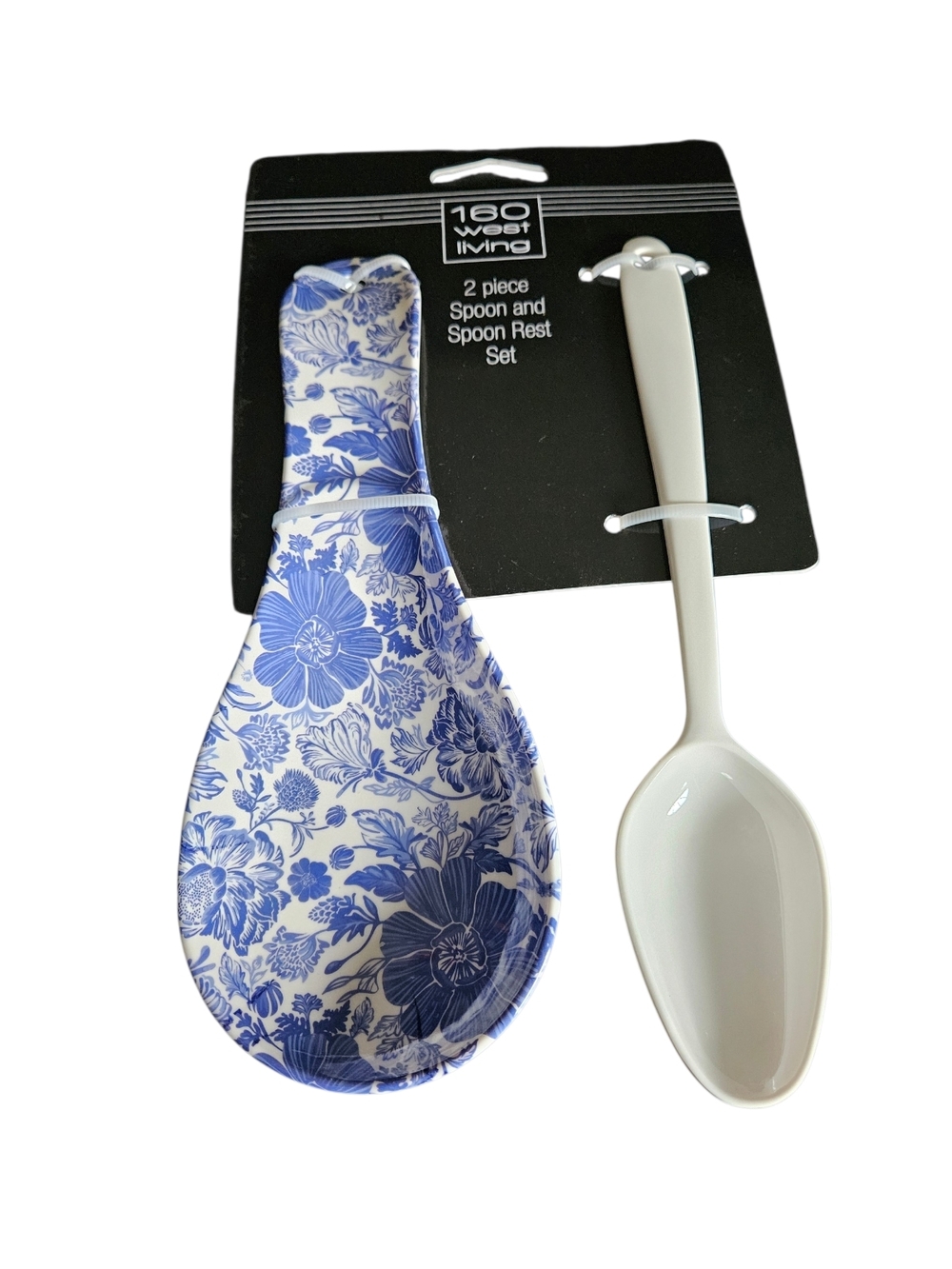 Blue Floral Spoon and White Spoon Rest Set